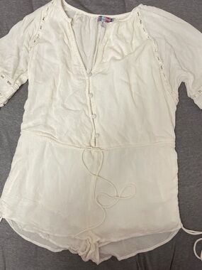 Urban Outfitters White Gauze V-Neck Drawstring Romper